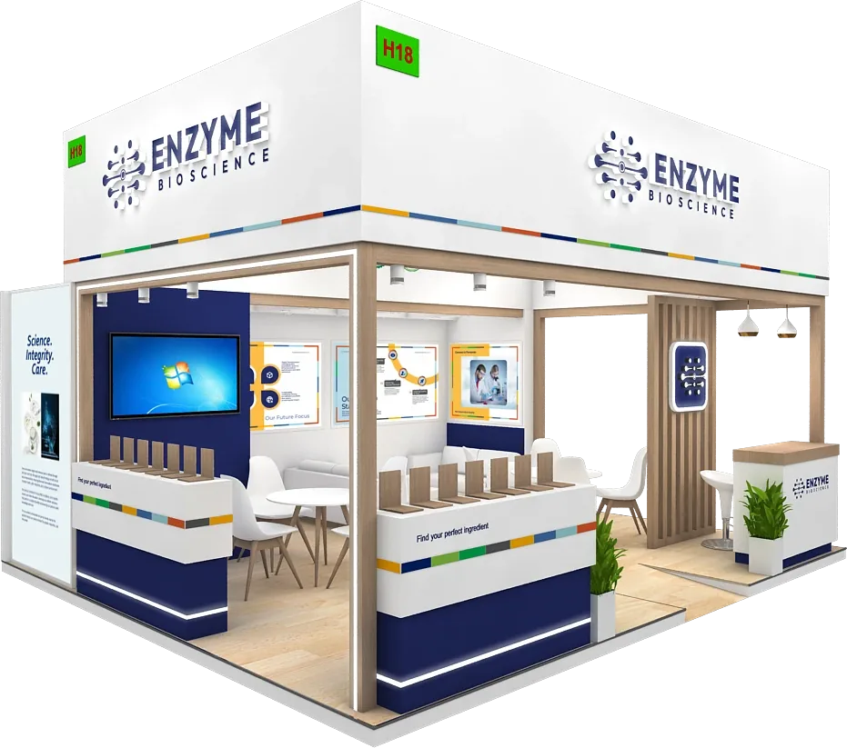 3D design of the Enzyme Bioscience exhibition stand with sample counters, meeting lounge and reception desk