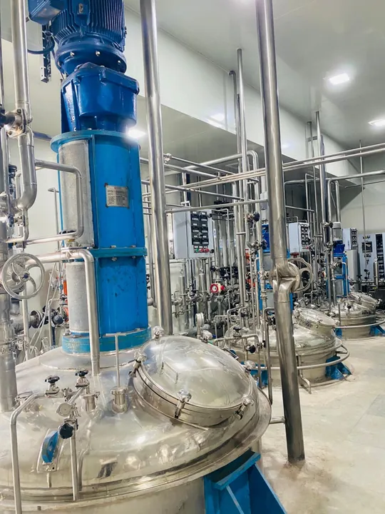 Fermenter with its agitator drive and control panel in the Enzyme Bioscience plant