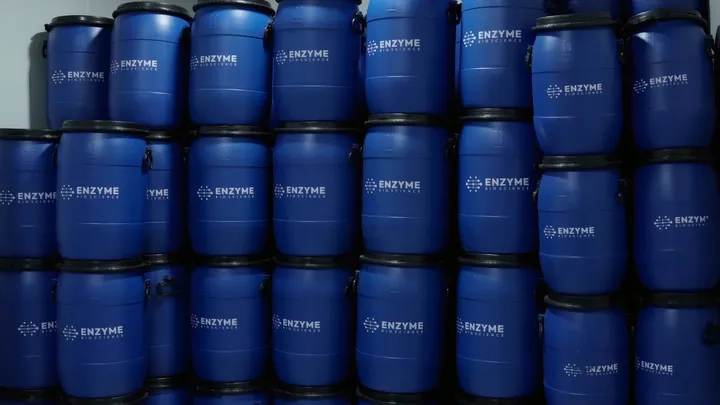 Finished product packed in Enzyme Bioscience branded drums