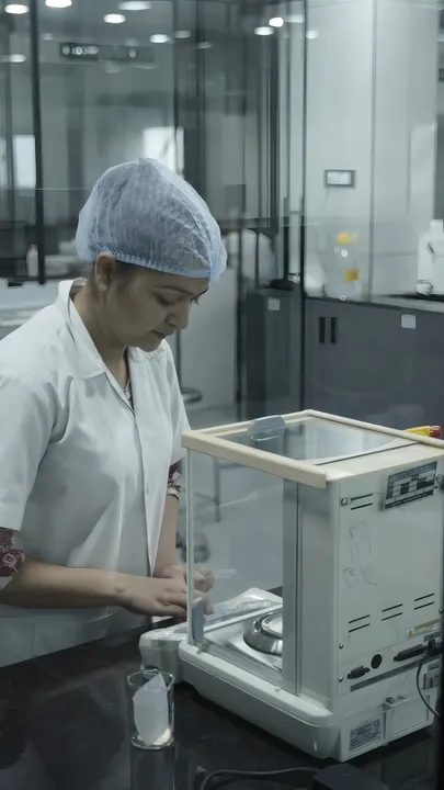 Analyst weighing a sample on an analytical balance